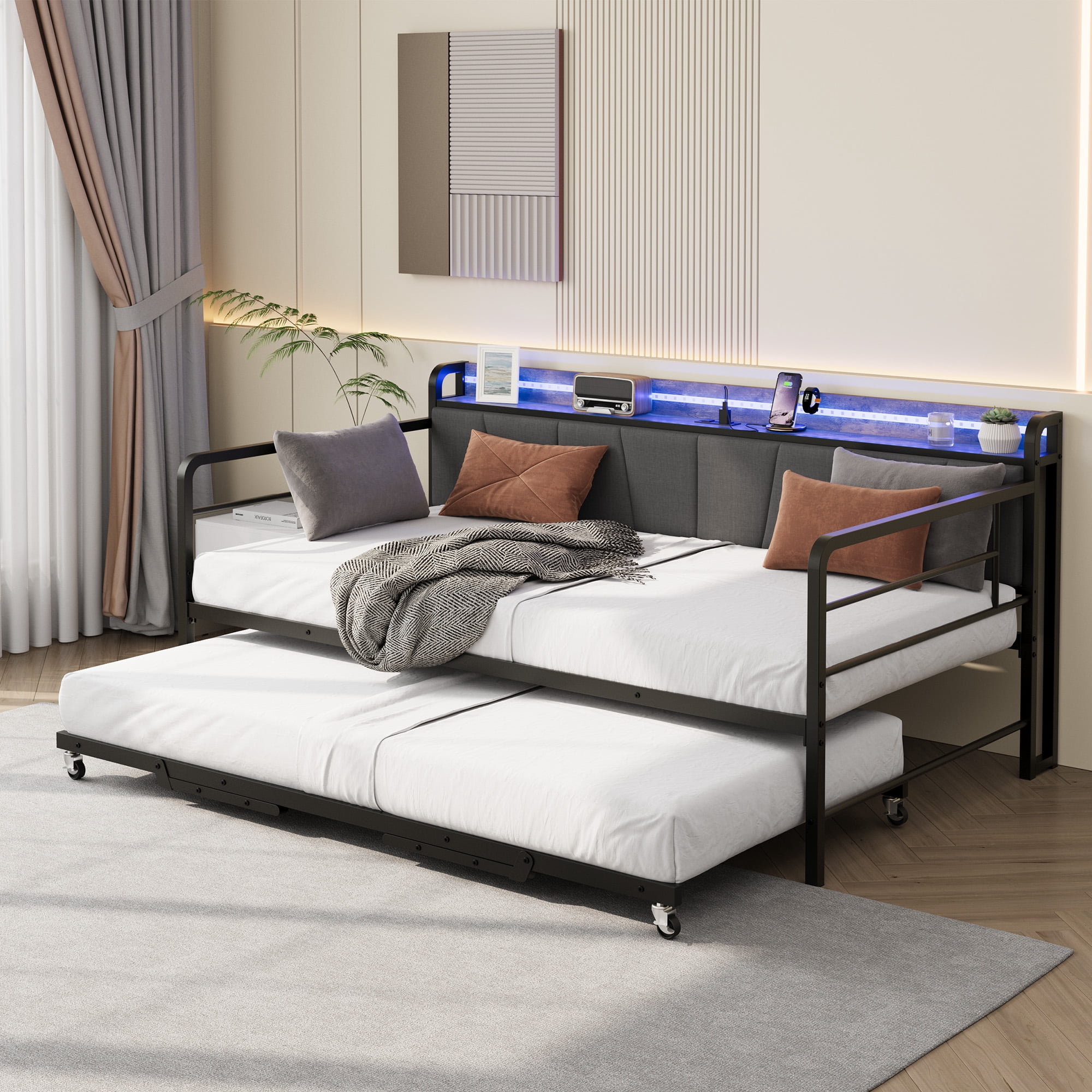 Twin Daybed with Trundle, LED Lights & Charging Station - Heavy Duty