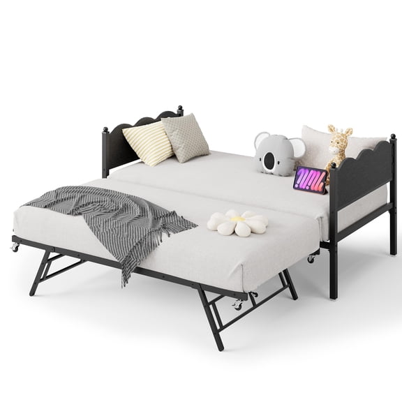 Twin Daybed with Trundle & Lockable Casters – Metal Slat Support, Wavy Wood Grain Headboard – No Box Spring Needed, Space-Saving Sofa Bed for Living Room or Guest Room