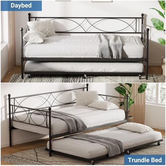 Twin Daybed with Trundle, Metal Day Bed with Pull Out Trundle, Space Saving, Metal Sofa Bed Frame with Steel Slat Support for Living Room, Bedroom and Guest Room