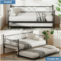 Twin Daybed with Trundle, Metal Day Bed with Pull Out Trundle, Space Saving, Metal Sofa Bed Frame with Steel Slat Support for Living Room, Bedroom and Guest Room