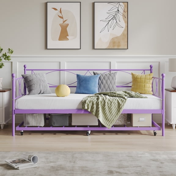 Twin Daybed with Trundle, Metal Day Bed with Pull Out Trundle, Space Saving, Metal Sofa Bed Frame with Steel Slat Support for Living Room, Bedroom and Guest Room