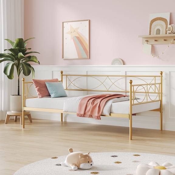 Twin Daybed with Trundle, Metal Day Bed, Sofa Bed Frame with Arched Headboard, Steel Slat Support, Sofa Day Bed for Living Room, Bedroom, Space Saving