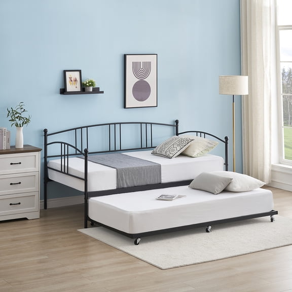 Twin Daybed with Trundle - Metal Daybed Frame, Arched Headboard, Pull-Out Sofa Bed, Space-Saving. Steel Slat Support, No Box Spring, Easy Assembly Black, TWIN Size