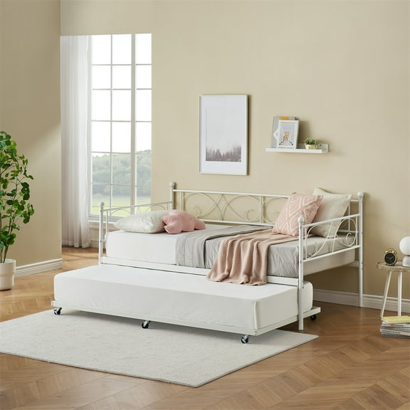 Twin Daybed with Trundle, Modern Metal Daybed with Classic Headboard, Steel Slat Support Sofa Bed for Bedroom, Living Room, Guest Room, No Box Spring Needed