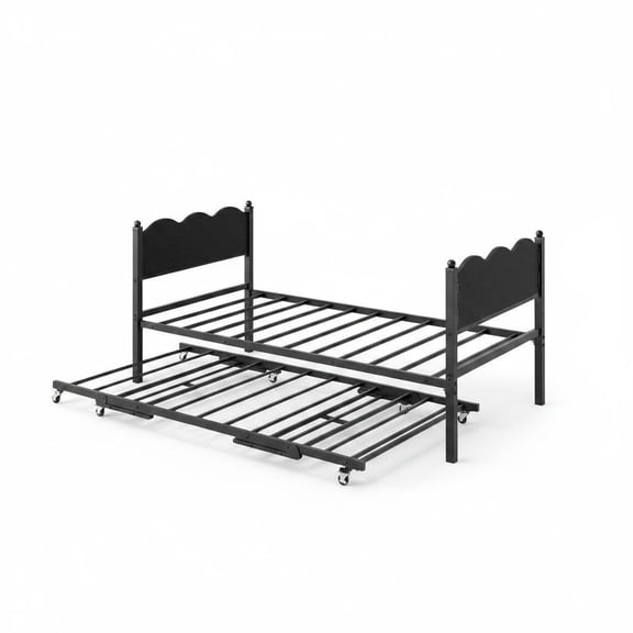Twin Daybed with Trundle – Sturdy Metal Frame & Industrial Wood Grain Headboard, Steel Slat Support, Space-Saving Multifunctional Sofa Bed, Lockable Casters, No Box Spring Needed, Easy Assembly