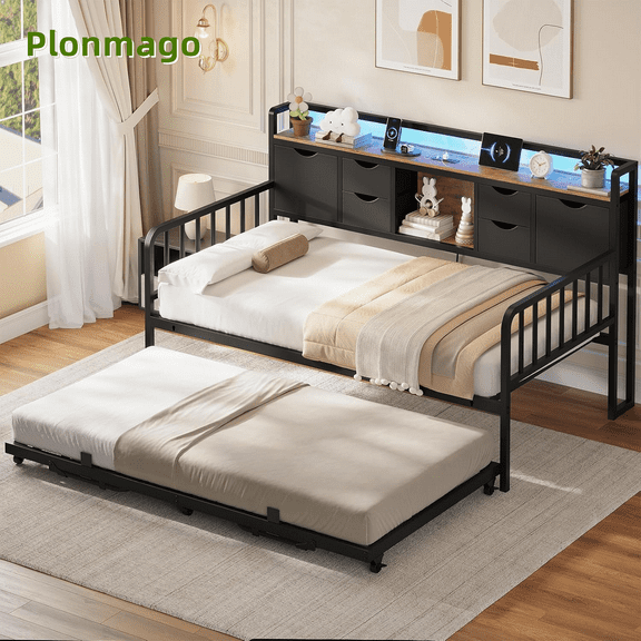 Plonmago Metal Daybed with Trundle, Daybed Frame with Storage Headboard,Charging Station,Steel Slat Support for Living Room and Guest Room
