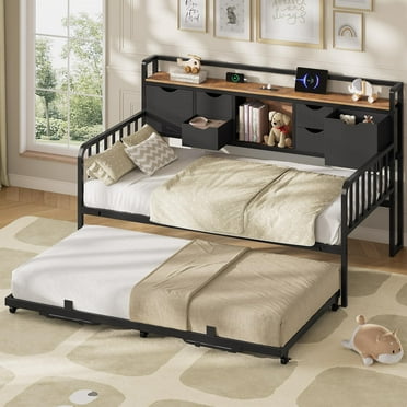 Metal Daybed with Trundle, Daybed Frame with Storage Headboard,Charging Station,Steel Slat Support for Living Room and Guest Room