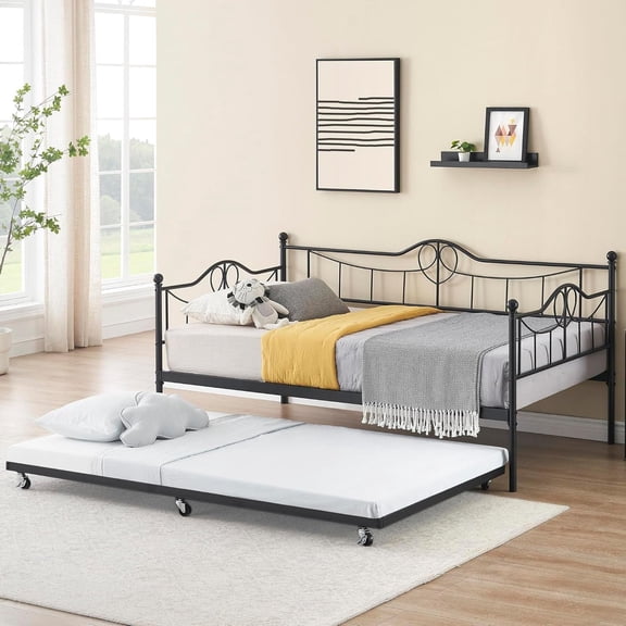 Twin Daybed with Trundle, Twin Daybed and Pull Out Trundle Set, Metal Sofa Bed Frame with Steel Slat Support, Space-Saving Sleeper Sofa for Living Room, Bedroom and Guest Room - Black