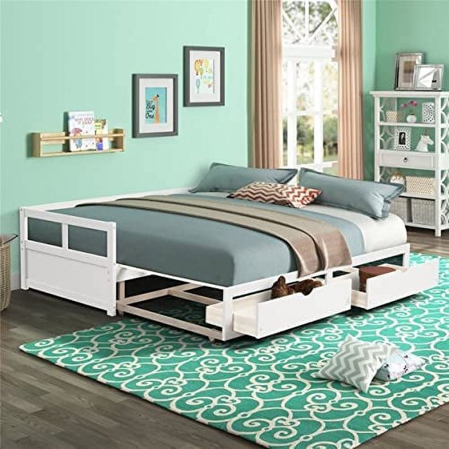 Twin Daybed with Two Drawers - White Solid Pine Wood Material ...