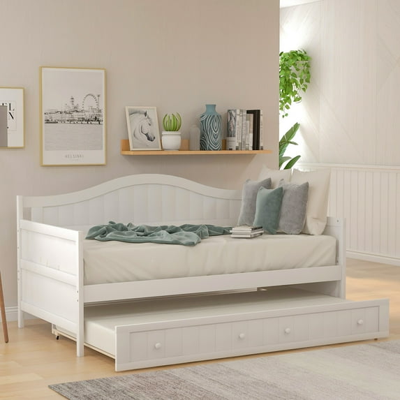 Twin Daybed with Two Storage Drawers, Soild Wood Sofa Bed Frame with Wooden Slat Supports, Storage Daybed Sofa Furniture for Living Room Guestroom,No Box Spring Needed,Beige