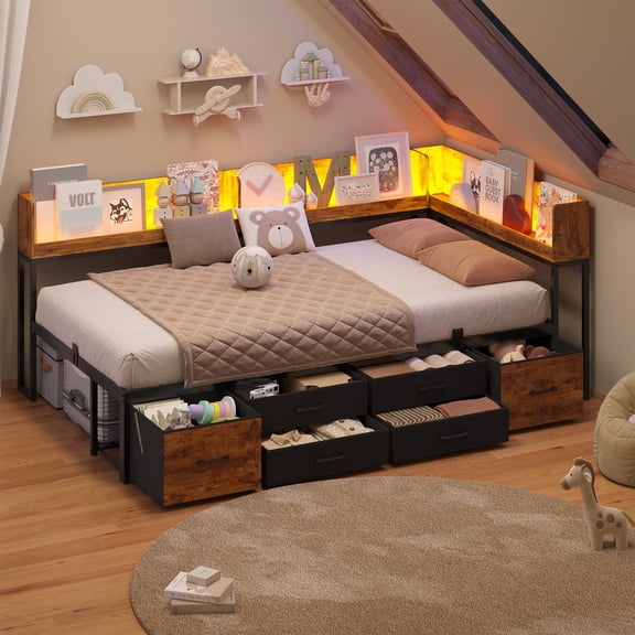 Twin Daybed With Bookcase & Charging Station, Corner Bed Frame With LED Lights & 6 Storage Drawers Black & Vintage Brown