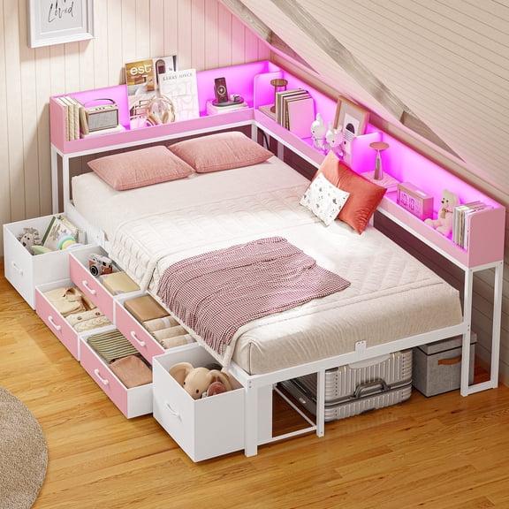 Twin Daybed With Bookcase & Charging Station, Corner Bed Frame With LED Lights & 6 Storage Drawers Pink