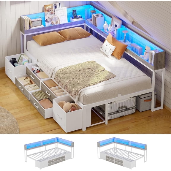 Twin Daybed With Bookcase & Charging Station, Corner Bed Frame With LED Lights & 6 Storage Drawers White & Oak Grey