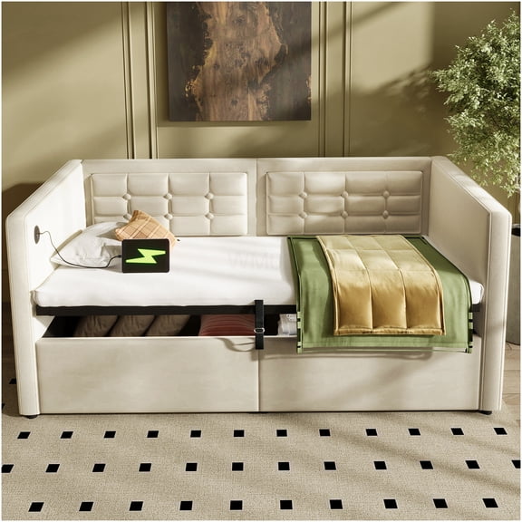 Twin Daybed with Hydraulic Storage, USB-C Charging Station, Velvet Upholstered Sofa Bed Frame, Beige