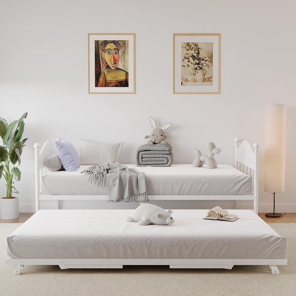 Twin Daybed with Pop-Up Trundle, Metal Frame, Headboard, Heavy Duty Steel Slats, White