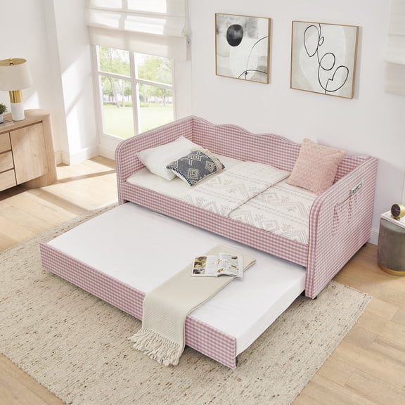 Twin Daybed with Pull-Out Trundle, Gingham Upholstered 3-in-1 Convertible Sofa Bed, Side Storage Pockets, Multi-Functional Guest Room Couch, Pink