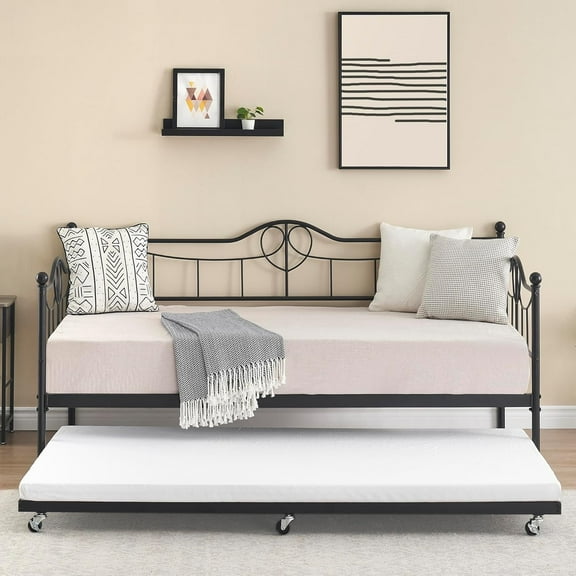 Twin Daybed with Trundle Bed Modern Pull Out Day Bed Frame Metal Twin Day Bed Twin Size