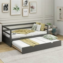 Twin Daybed with Trundle Frames Solid Wood Twin Size Bed with Roll-Out Trundle, Gray