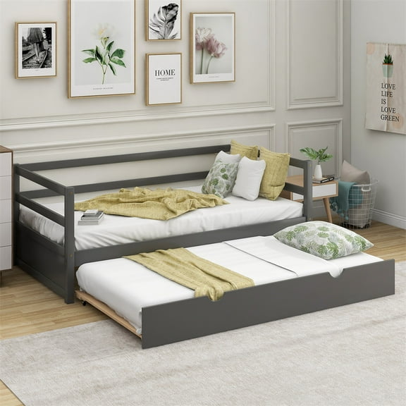 Twin Daybed with Trundle Frames Solid Wood Twin Size Bed with Roll-Out Trundle, Gray