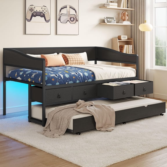 Twin Daybed with Trundle,Metal Sofa Bed Frame with LED Lights & Storage Drawers for Living Room Bedroom,Black