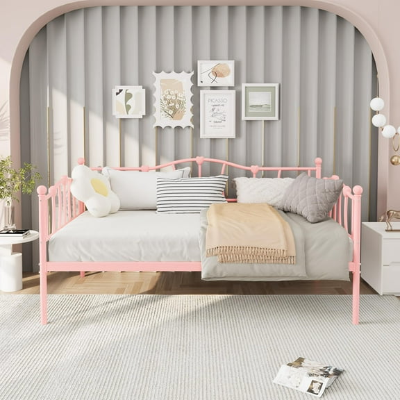 Twin Daybed with Trundle, Metal Sofa Bed Frame with Steel Slat Support, for Living Room, Bedroom, Love Heart Design, No Box Spring Needed