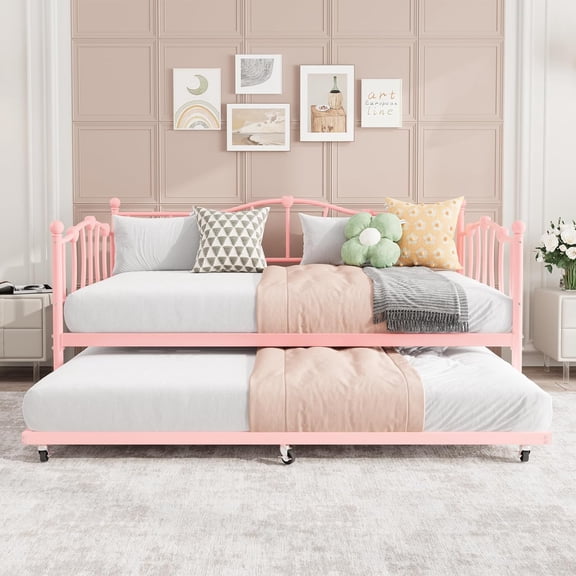 Twin Daybed with Trundle, Metal Sofa Bed Frame with Steel Slat Support, for Living Room, Bedroom, No Box Spring Needed, Pink