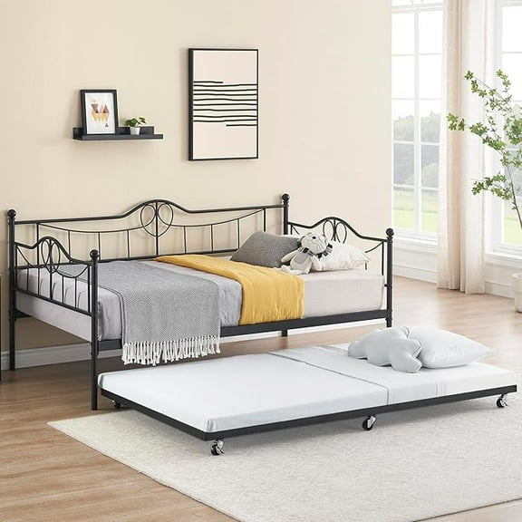 Twin Daybed with Trundle, Metal Trundle Bed, Sofa Bed Frame, Heavy Duty Metal Slats, for Living Room, Bedroom, Guest Room, Space Saving, Black