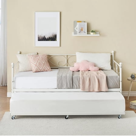 Twin Daybed with Trundle, Metal Trundle Bed, Sofa Bed Frame, Heavy Duty Metal Slats, for Living Room, Bedroom, Guest Room, Space Saving, Modern White