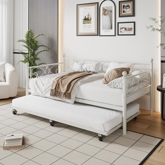 Twin Daybed with Trundle, Metal Trundle Bed, Sofa Bed Frame, Heavy Duty Metal Slats, for Living Room, Bedroom, Guest Room, Space Saving, Modern White