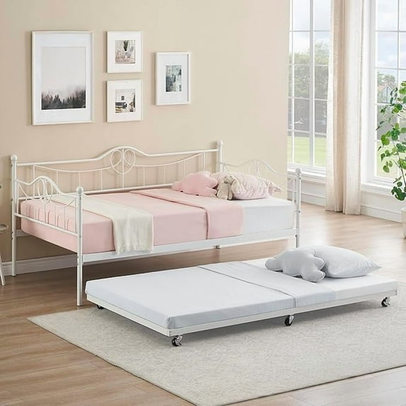 Twin Daybed with Trundle, Metal Trundle Bed, Sofa Bed Frame, Heavy Duty Metal Slats, for Living Room, Bedroom, Guest Room, Space Saving, White