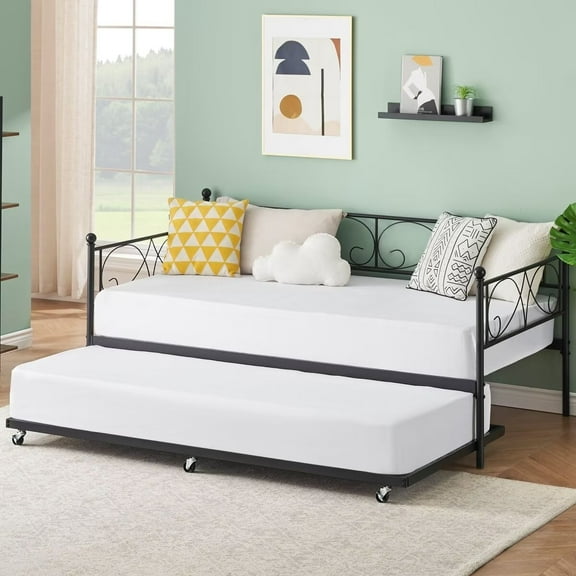 Twin Daybed with Trundle, Metal Trundle Bed with Heavy Duty Metal Slats, Sofa Bed Frame for Living Room, Bedroom, Black