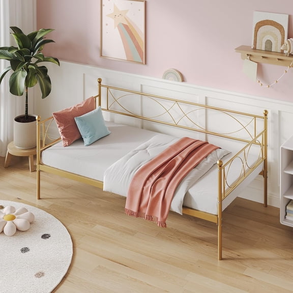 Twin Daybed with Trundle, Modern Metal Sofa Bed with Steel Slats, Multi-Functional Twin Frame for Bedroom, Gold Daybed