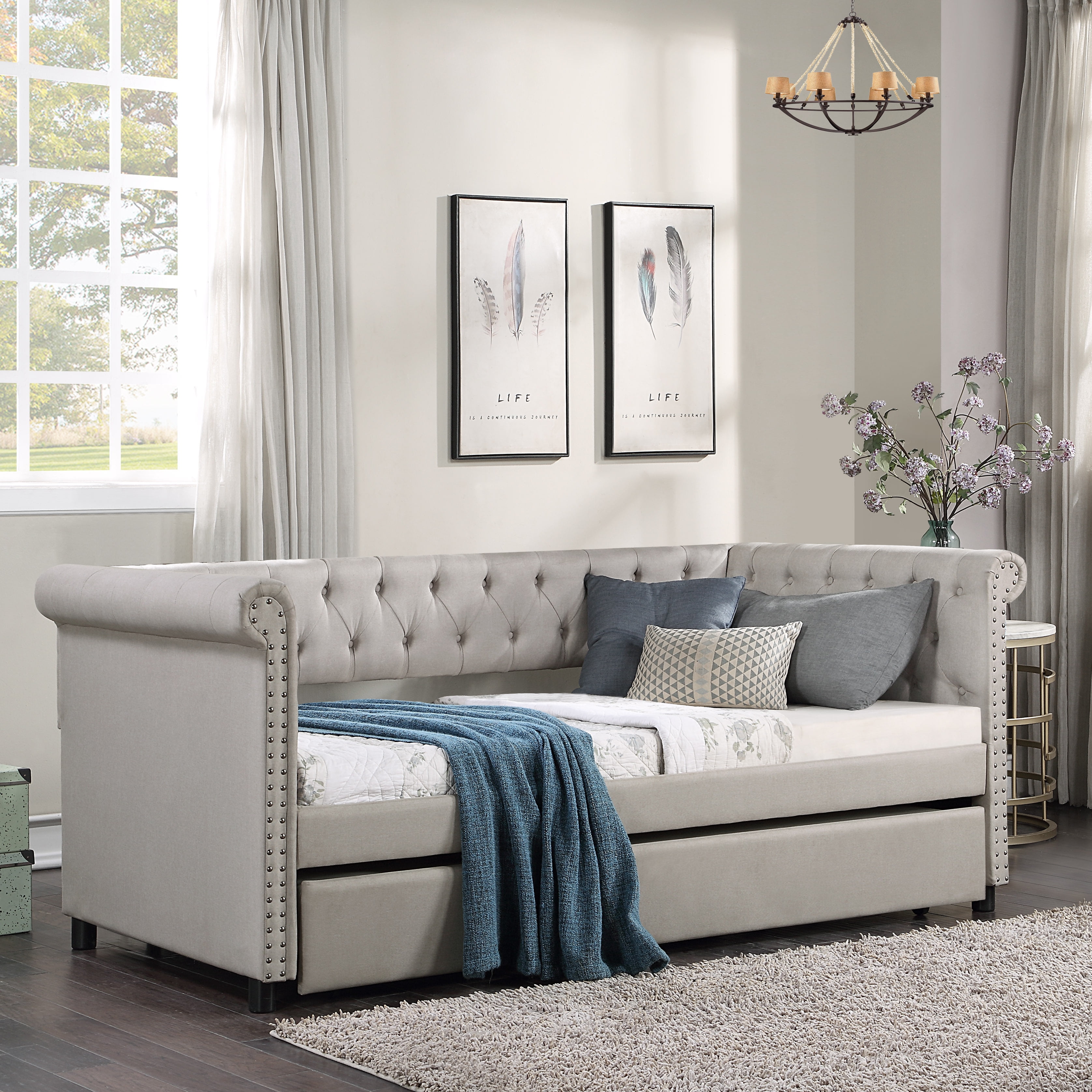 Twin Daybed with Trundle, Upholstered Tufted Sofa Bed with Nailhead
