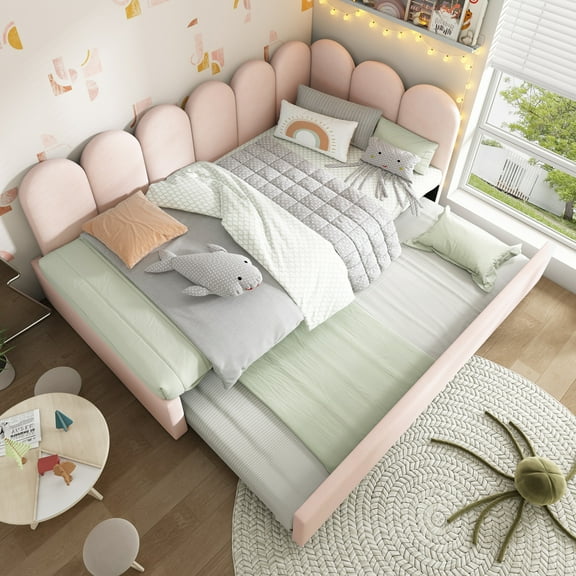 Twin Daybed with Trundle, Velvet Upholstered Sofa Bed with Petal-Shaped Headboard, Sturdy Platform Metal Frame for Living Room, Pink