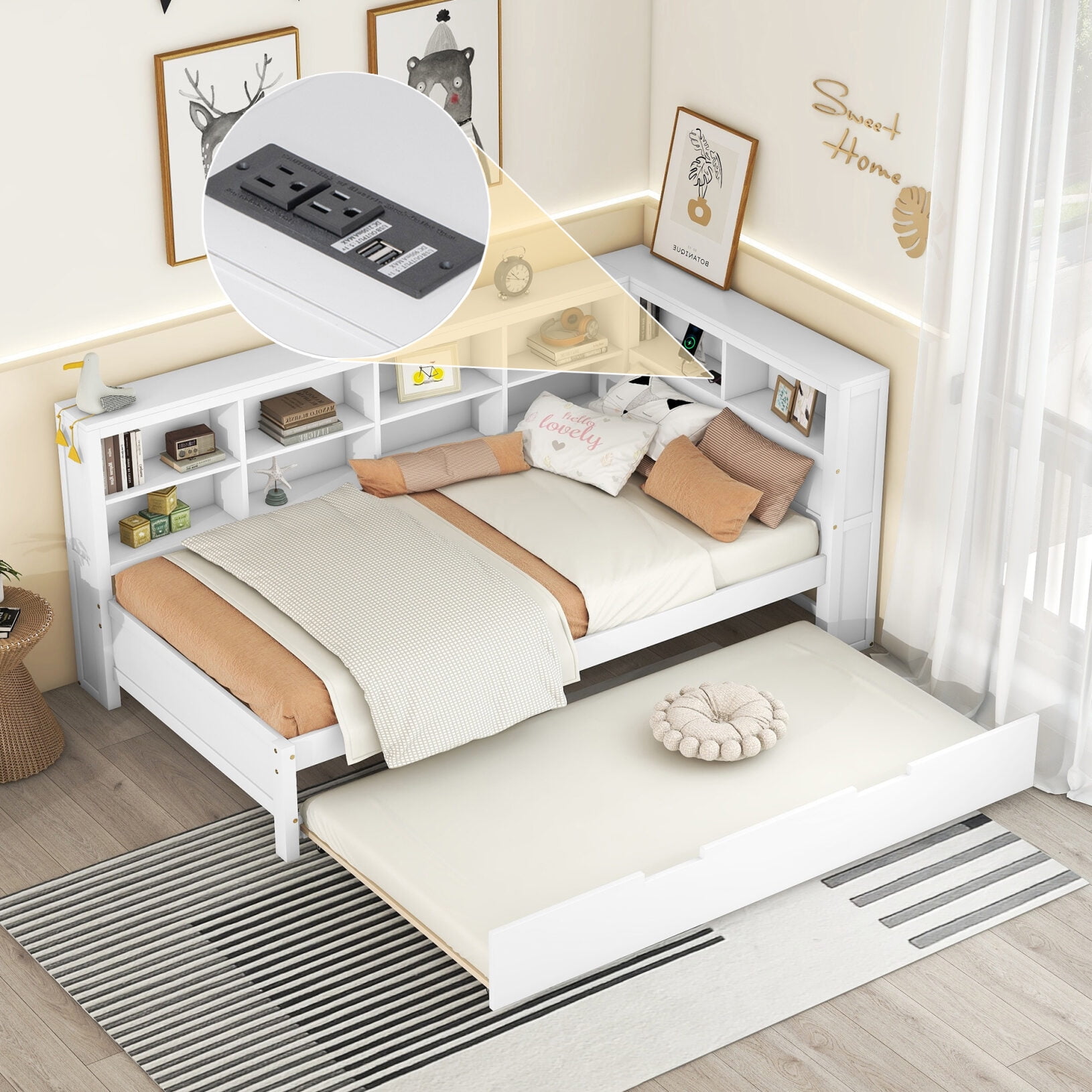 Twin Daybed with Trundle, Wood Daybed Frame with Storage Shelf and USB