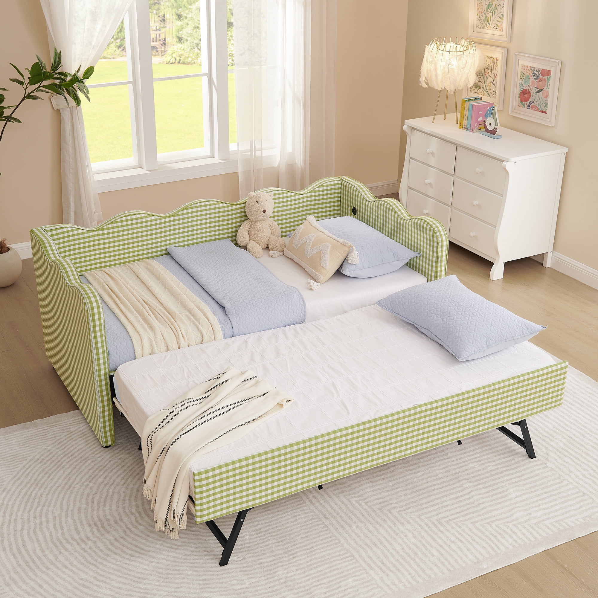 Twin Daybed with Trundle and USB Port, Upholstered Linen Sofa Bed Frame, Gingham Wave Design, No Box Spring Needed for Kids Bedroom, Green