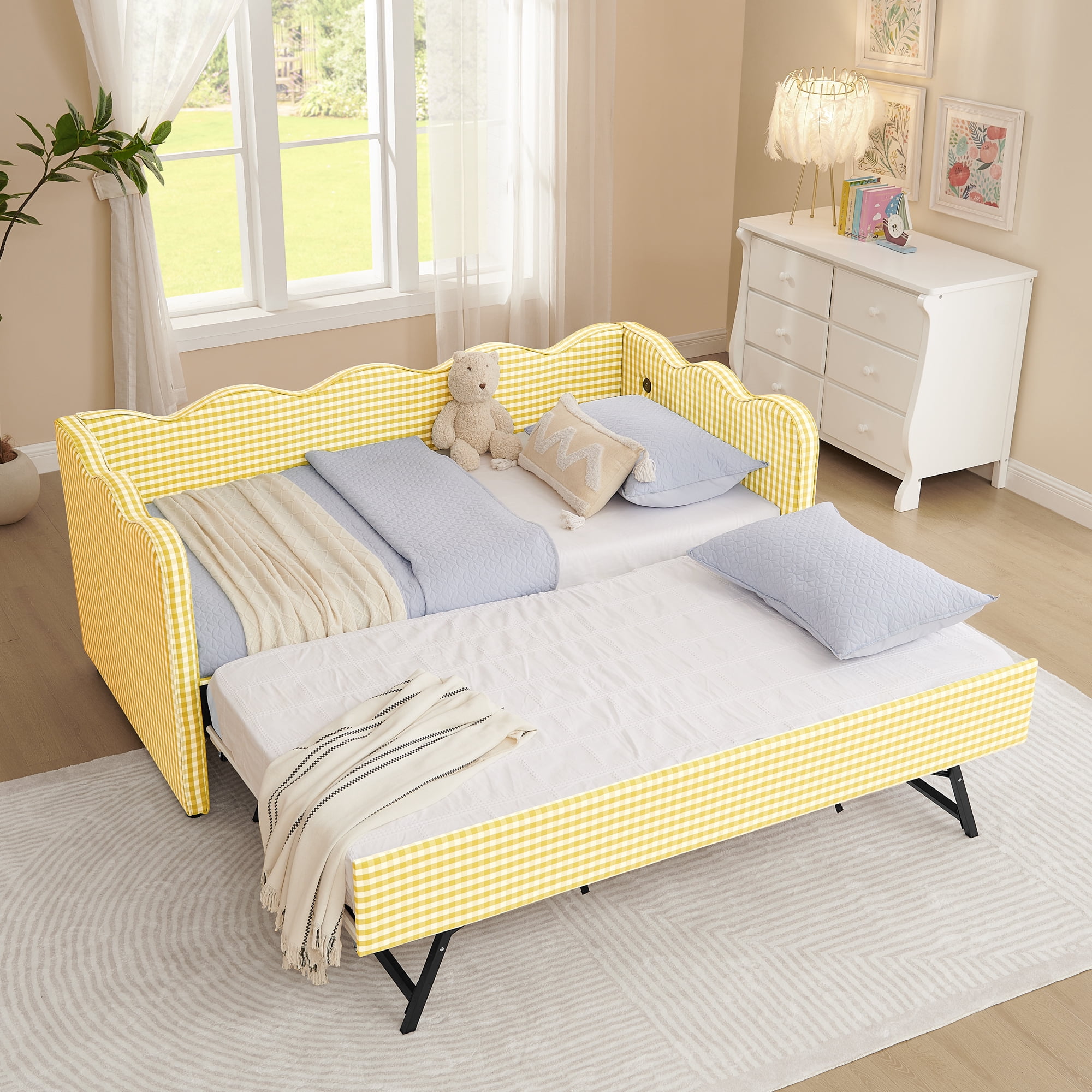 Twin Daybed with Trundle and USB Port, Upholstered Linen Sofa Bed Frame, Gingham Wave Design, No Box Spring Needed for Kids Bedroom, Yellow