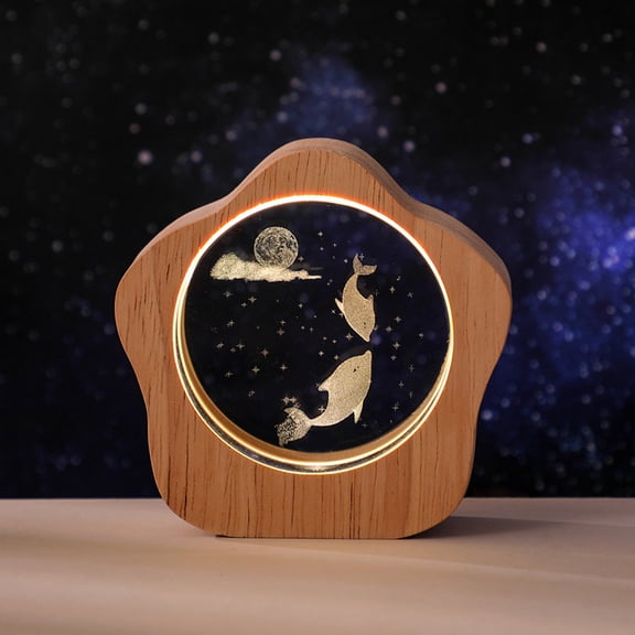 Twin Dolphins Crystal Ball with Wooden Light Base, 3D Laser Etched Glass Sphere Decorative Balls Paperweight Gift(60mm)
