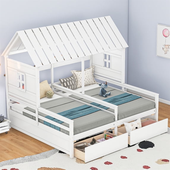 Twin Double Shared Bed,Twin Size House Platform Beds with 2 Drawers for Boy and Girl Shared Beds, Montessori House Bed Frame Combination of 2 Side by Side Twin Beds for Bedroom,No Box Spring Needed