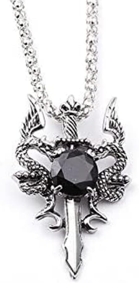 Twin Dragon Sword Necklace Silver Gothic Knight Cross Chain with Black Jewel Gem