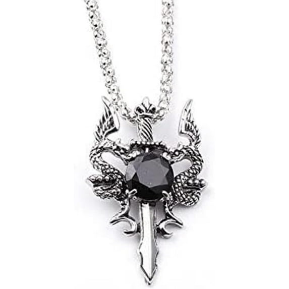 Twin Dragon Sword Necklace Silver Gothic Knight Cross Chain with Black Jewel Gem