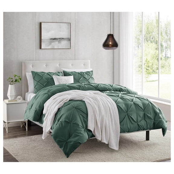 Twin Duvet Cover Set - Pintuck Double Brushed Forest Green Duvet Cover Twin 2 Piece with Button Closure, 1 Pillow Sham Forest Green