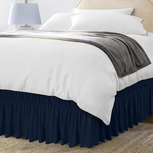 Twin Elastic Bed Ruffle - Easy Wrap Around Ruffle - Microfiber Bed Skirt with Adjustable Elastic Belt 16 Inch Tailored Drop - Hotel Quality Bedskirt, Fade Resistant (Twin, Navy)