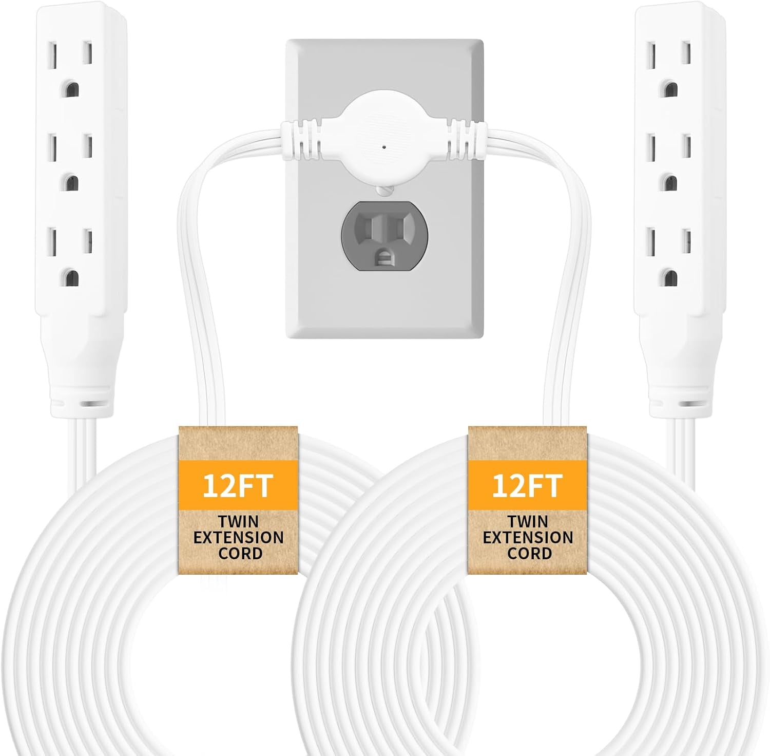 Twin Extension Cord, 24 Ft Flat Wall Plug, 12 Feet on Each Side, 3 Prong Power Strip with 6 Outlets, Double Extension Cord Splitter for Behind Bed, Couch, Nightstand, Furniture, White