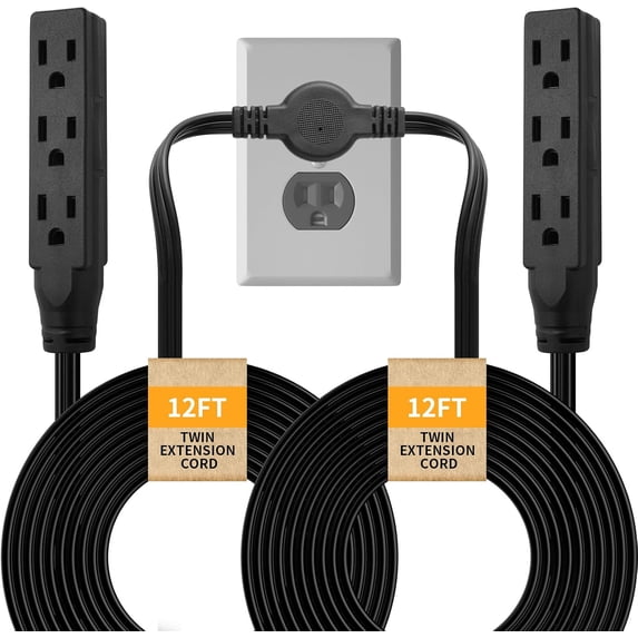 Twin Extension Cord, 24 Ft Flat Wall Plug, 12 Feet on Each Side, 3 Prong Power Strip with 6 Outlets, Double Extension Cord Splitter for Behind Bed, Couch, Nightstand, Furniture, Black