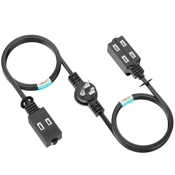 Twin Extension Cord Power Strip 12ft - 6 feet on Each Side - 6 Polarized Outlets with Safety Cover