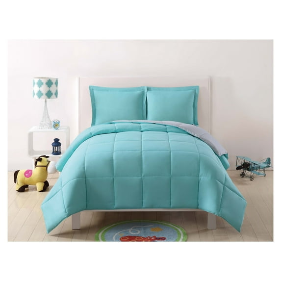 Twin Extra Long Anytime Solid Reversible Kids' Comforter Set Turquoise/Gray: Modern Bedding for Teens