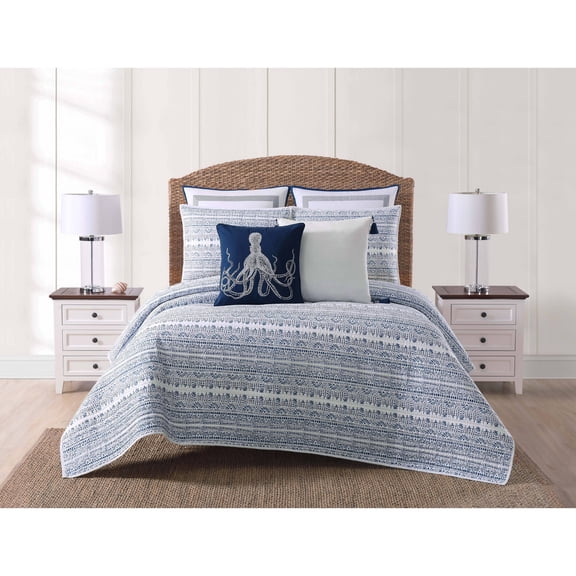 Twin Extra Long Reef Quilt Set Blue/White: Woven Coverlet, 200 Thread Count, Includes 1 Sham