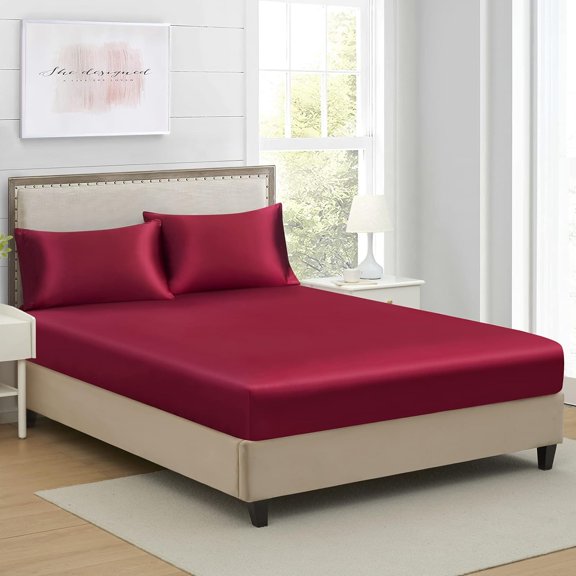 Twin Extra Long Silk Satin Fitted Sheet, Soft Deep Pocket Single Bottom Bed Sheets Sold Separately, Wrinkle Free, Non- Fading, Breathable, Fully Elasticized(Twin XL Size, Burgundy)