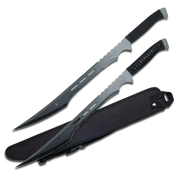 Twin Fantasy Sword Black Oxidized Stainless Steel Blades, Black Cord Wrapped Handles, Full , Nylon Sheath that Holds Both Swords Historical, Collectible, HK-741, 27-Inch